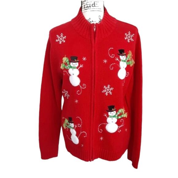 Vintage 90s Ugly Christmas Sweater Red Full Zip Cardigan Snowman Women M Grandma - Picture 2 of 12